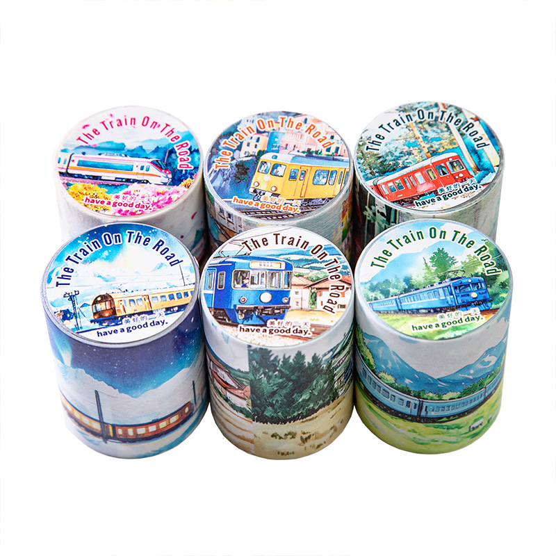 Hermoso día, cinta de paisaje original, tren a la carretera, PET, etiqueta de película de corte de decoración de cuenta manual transparente
