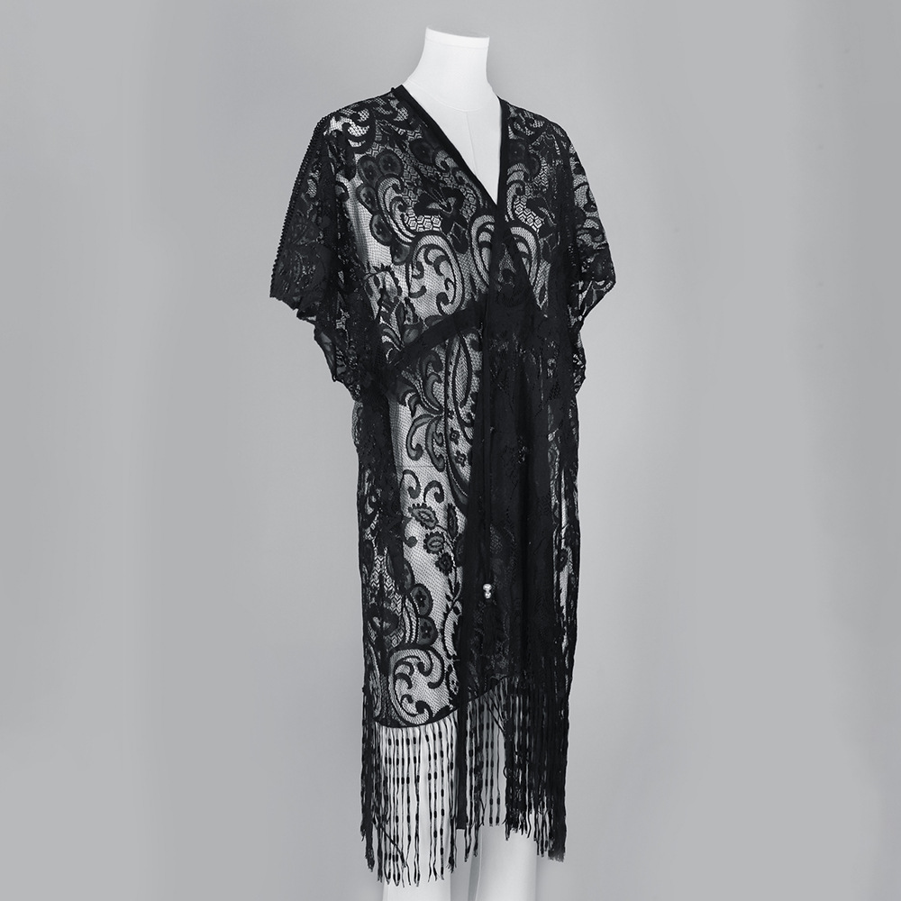 Camisa de playa de encaje europea y americana sexy bikini blusa de verano medio largo cardigan agujerado protector solar para mujeres