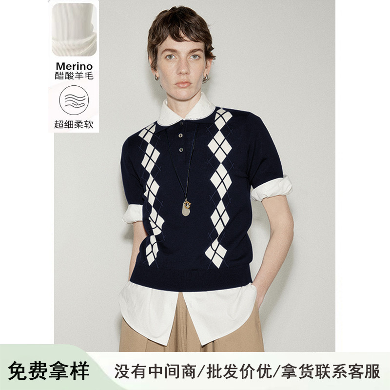 Miu Style Acetate Wool Polo Shirt Rhombus Short-sleeved Knit Shirt Stacked Contrast Polo Shirt Loose Pullover Top