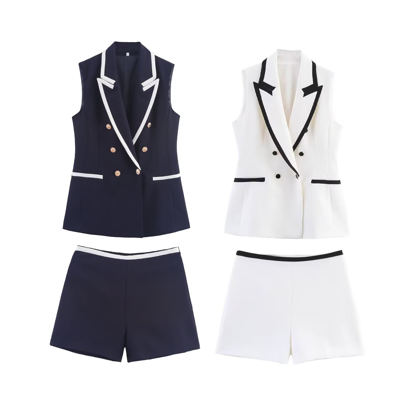 ZA Comercio Exterior Ropa de mujer europea y americana 2025 Nuevo estilo verano Blazer con solapa y bloques de color Chaleco Pantalones cortos_voghion.com