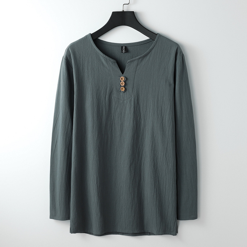 リネン長袖TシャツメンズVネック夏ゆったり薄手復活中国風紳士服綿麻文学メンズTシャツ|undefined