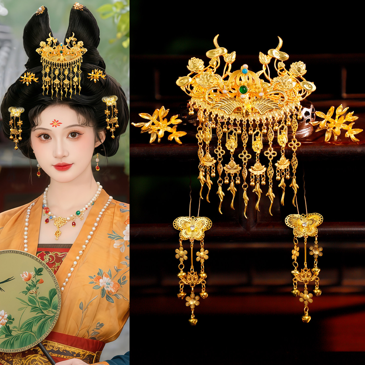 金色花朵发冠流苏合金发簪配饰女汉服古装唐风华丽宫廷风写真发饰