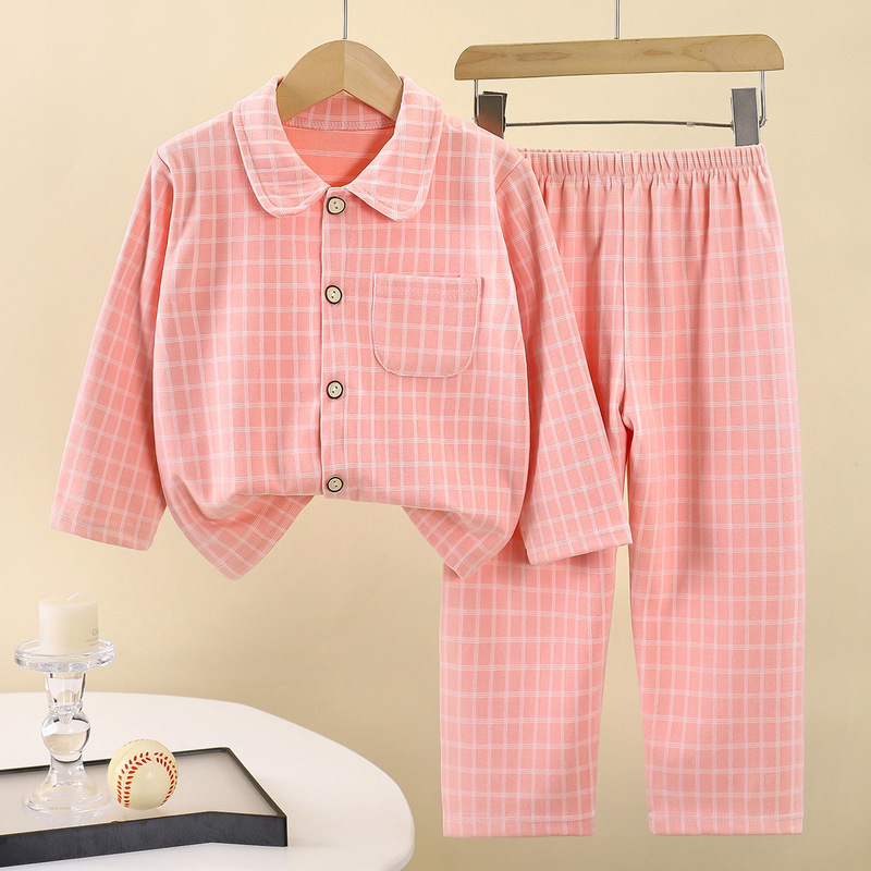 新款童装家居服套装儿童方格子暖绒翻领家居服男童睡衣宝宝居家服|undefined