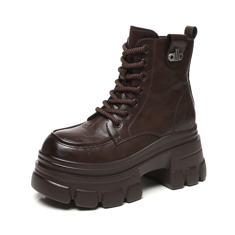 Boot nữ đế dày nâng chiều cao phong cách Anh cổ điển mùa thu đông — Lớp lót nhung đen