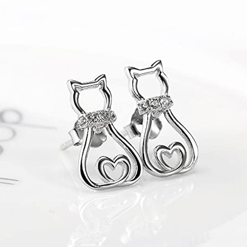 Fashion Cute Hollow Inlaid Zircon Cat Copper Earrings Wholesale display picture 3