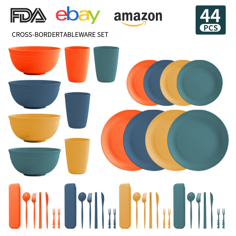 Cross-border Amazon Wheat Straw Bowl Cup Saucer Knife and Fork Spoon Portable Outdoor Dishes and Dishes Tableware Gift suit