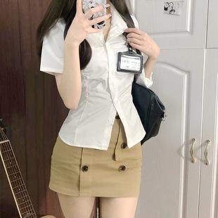 Jk Shirt Uniform Set Waist-Cinching Shirt Pure Desire Style Khaki Short Skirt Versatile Slimming Jk Uniform Bodycon Skirt