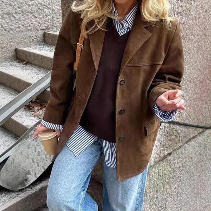 Imitation Cross-Border Suit Collar Single-Breasted Blazer Women's Suede Short Coat Dark Brown Autumn Retro Pocket