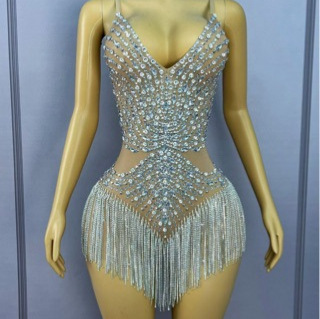 Luxurious Diamond Jumpsuit with Heavy Rhinestone Embellishments and Tassels, Celebrity Birthday Dress, Evening Gown, Nightclub Singer Performance Outfit
