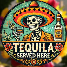 2D平面，1件金属墙饰标牌龙舌兰 - 7.87x7.87英寸圆形幽默家居装