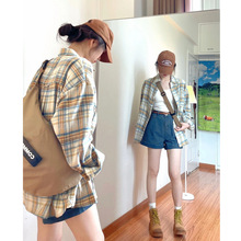 大码胖妹妹幂式设计感格子衬衣春秋季新款polo领宽松显瘦长袖衬衫