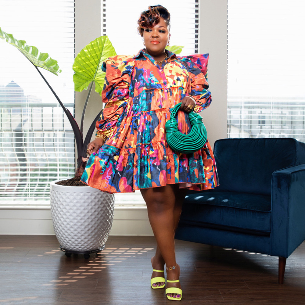 ChicShe N7760 Independent Station European And American Plus Size Women's Fashion Printed Ruffle Button Shirt Dress_voghion.com