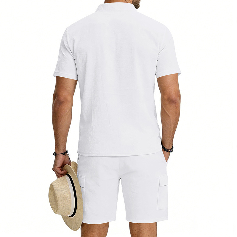 Men's Linen Henley Short Sleeve Shirt & Shorts Set, Breathable Summer Casual Outfit For Outdoor Travel And Daily Relaxation_viptrois.com