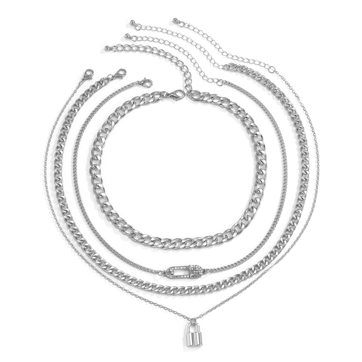 欧美跨境多元素微镶水钻别针套装项链混搭朋克风几何型合金锁颈链