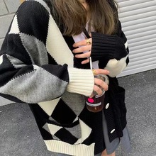 Chacha英倫學院風毛衣2022秋冬女小眾菱格設計感拼接開衫外套#701