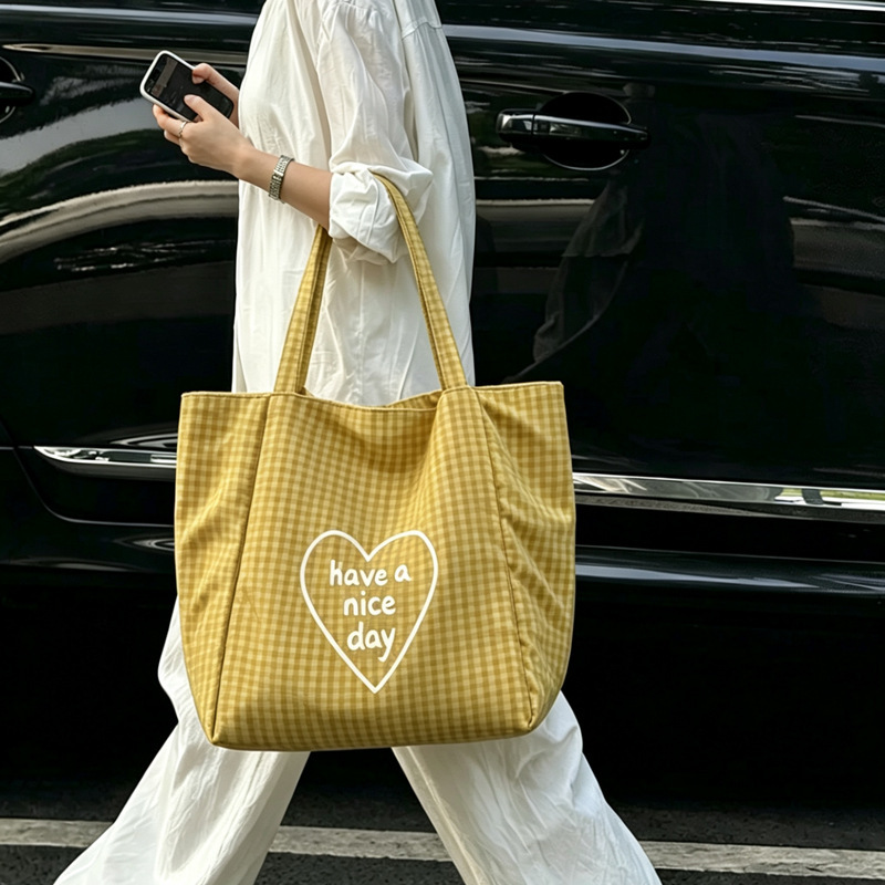 College Style Plaid Canvas Tote Bag for Women 2026 New Double-Sided Large-Capacity Commuter Bag Casual Class Shoulder Bag