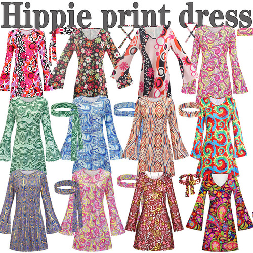 Halloween, European and American women's clothing, 20th century, 70th generation hippie clothing, printed dress, female