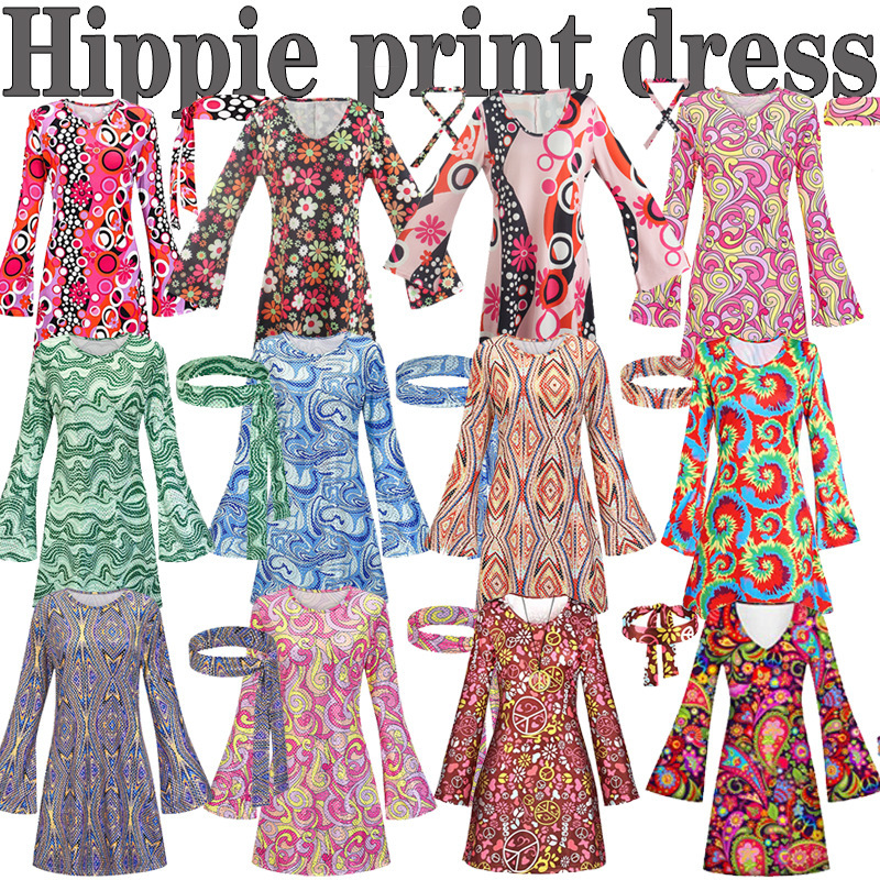 Amazon Halloween 2026 Cross-Border European and American Women's Clothing 1970S Hippie Clothing Printed Dress for Women Amazon Halloween 2026 Cross-Border European and American Women's Clothing 1970S Hippie Clothing Printed Dress for Women