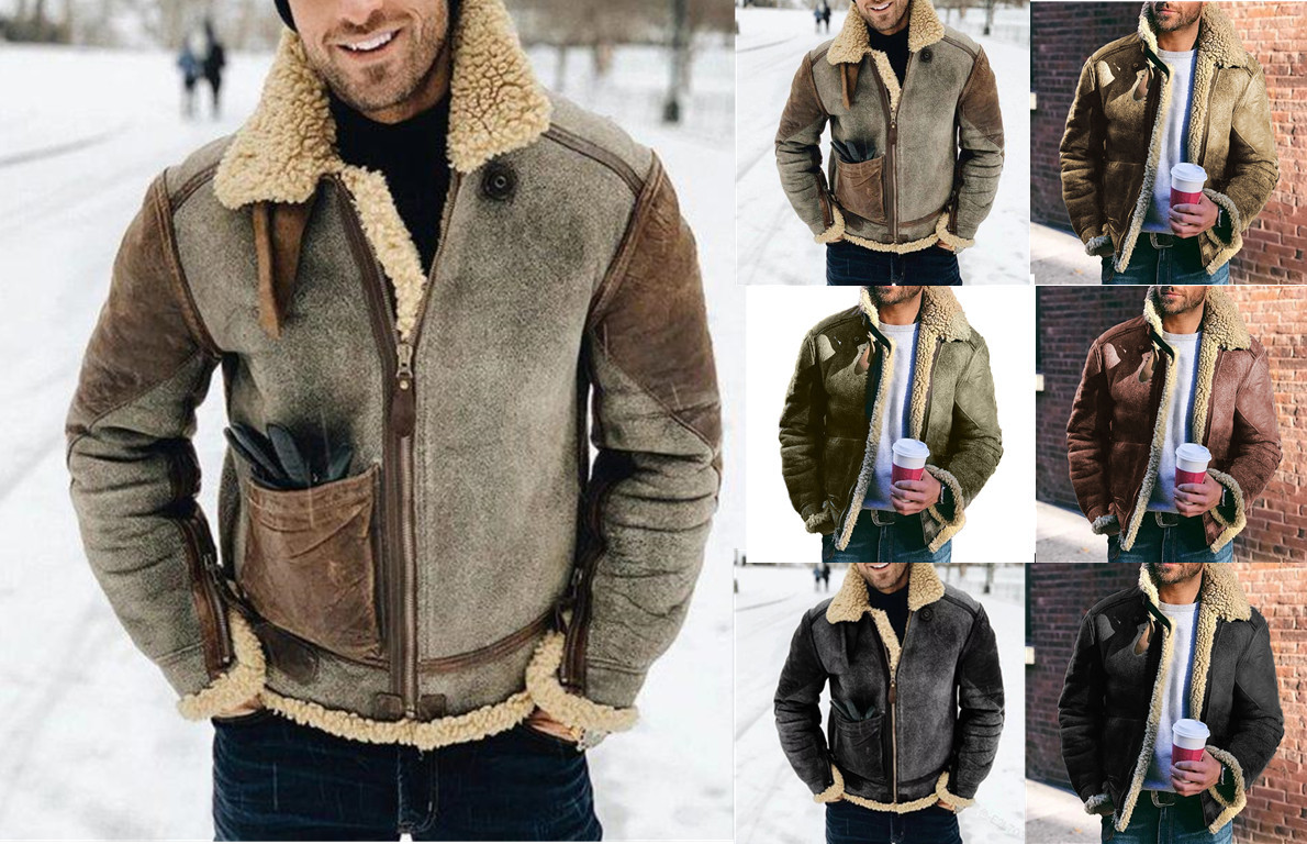 Faux Leather Men's Jacket Winter Warm Jacket Thicken Large Lapel Contrast Color