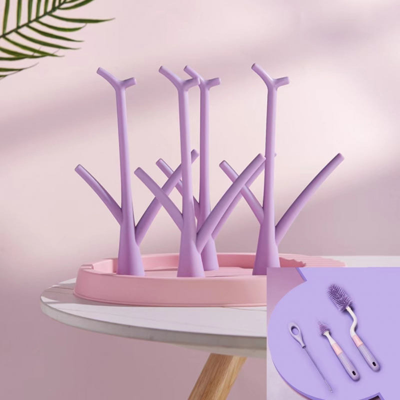 Cepillo de botella púrpura 3 piezas + marco de drenaje ☆