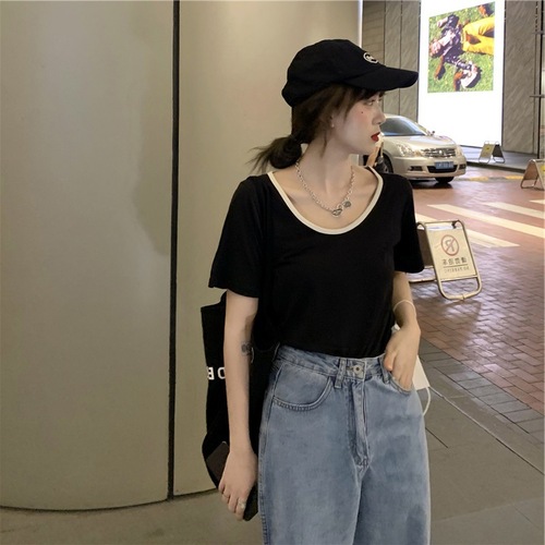 Cotton v-neck top women's summer loose short-sleeved 2022 new women's ins trend versatile slimming large neckline t-shirt for women