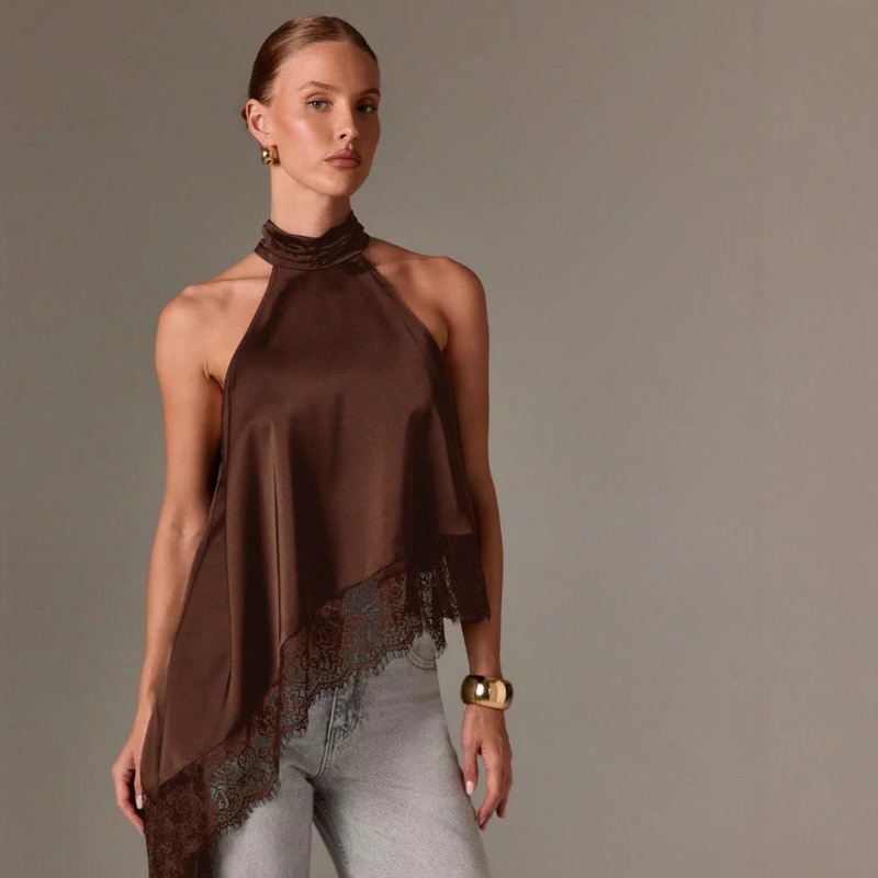 2025 Amazon Hot-Selling New European and American Style Women's Sleeveless Lace-Trimmed Asymmetrical Tank Top Sexy Hot Girl Style 2025 Amazon Hot-Selling New European and American Style Women's Sleeveless Lace-Trimmed Asymmetrical Tank Top Sexy Hot Girl Style