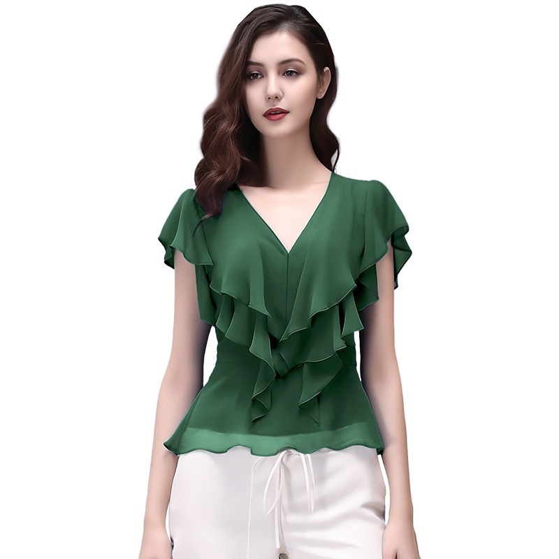 女性用フリルシフォンシャツ、半袖トップス、気質半袖スリムフィットTシャツ、万能シャツ、2025年夏|undefined
