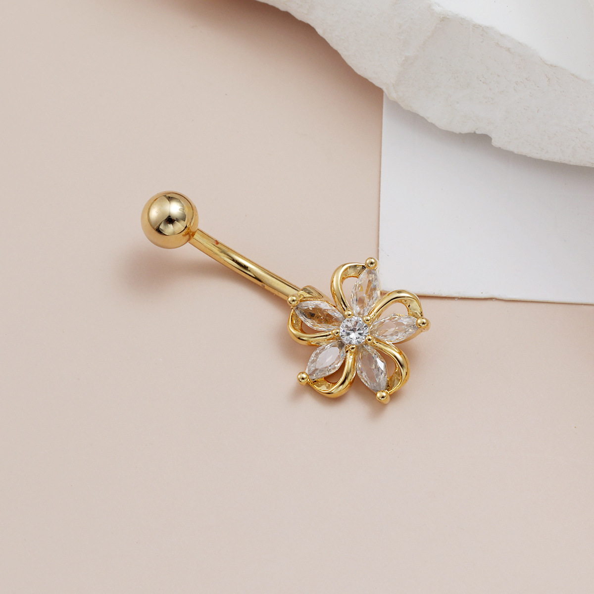 Auf Lager – Bestseller! Luxuriöser, modischer und sexy Bauchnabelpiercing-Ring mit Zirkonia-Blume._voghion.com