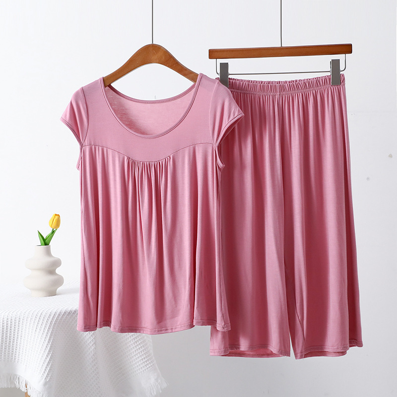 Modal Cotton Pajamas Women's Summer Short-sleeved Cropped Pajama Pants Thin Home Clothes Large Size Middle-aged and Elderly Mother Suit