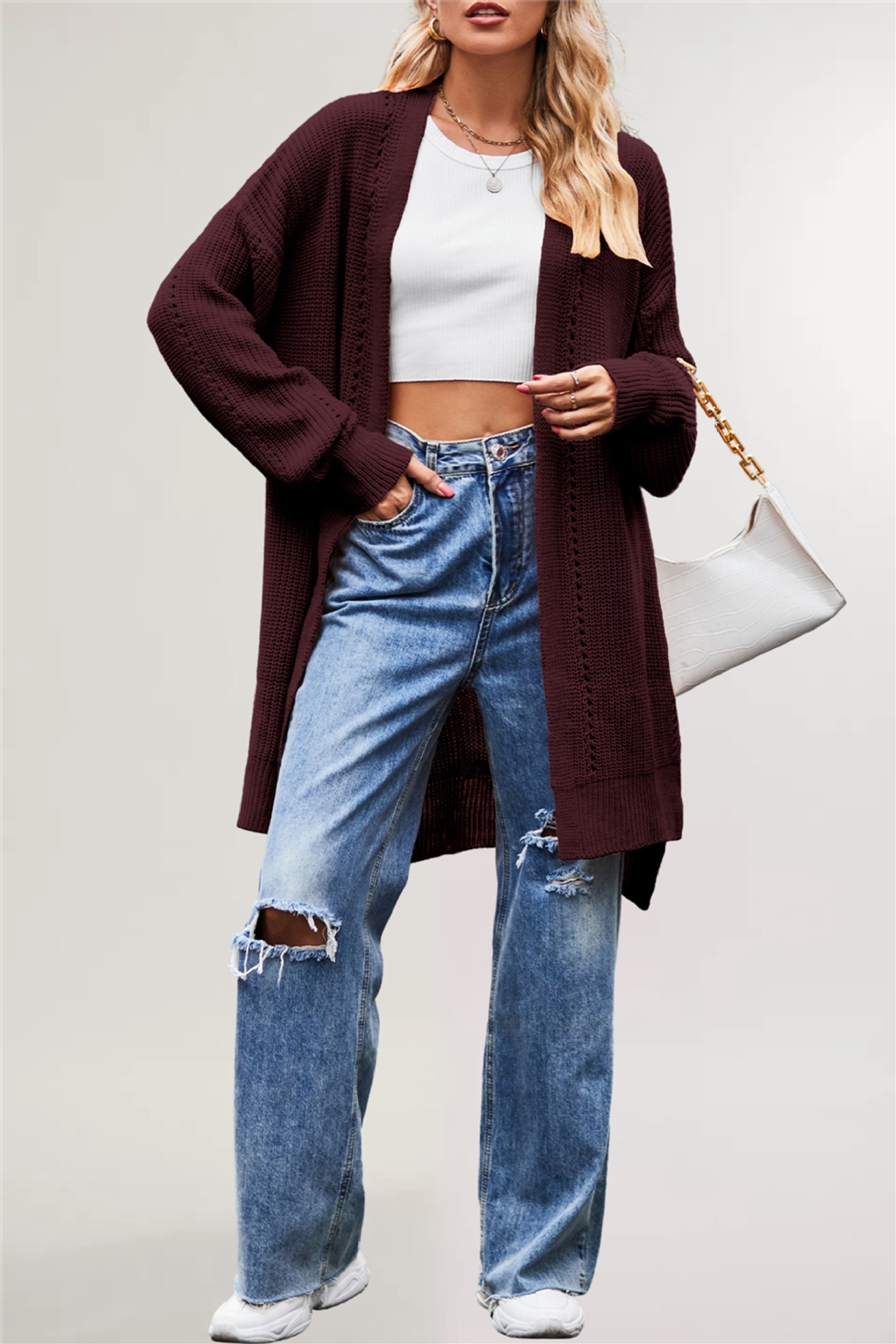 Suéter Nuevo de Otoño e Invierno 2025 para Mujer, Estilo Europeo y Americano, Color Sólido, Cárdigan Holgado de Punto con Bolsillos, Chaqueta
