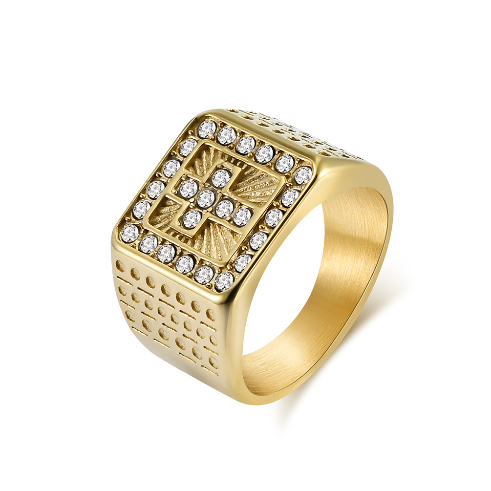Cruzar la frontera europea y americana estilo titanio acero chapado 18K oro Cruz completa diamante anillo hip hop hiphop personalidad desgaste mano Accesorios