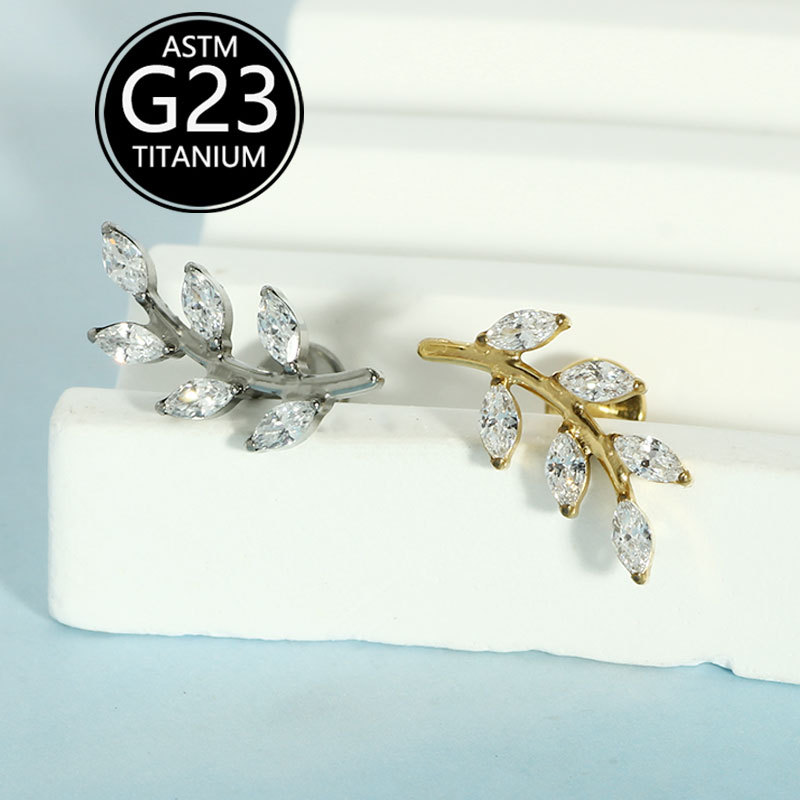 2025 New ASTm F-136 Titanium Alloy Full Diamond Leaf Lip Nail Ear Bone Nail Cross-Border Earrings Piercing Jewelry detail image 7