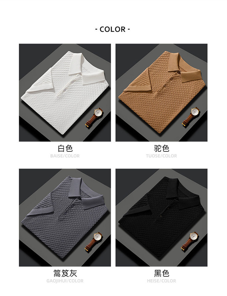 Áo thun nam tay ngắn cổ POLO chất liệu tơ tằm pha len dệt kim mỏng nhẹ — Màu camel, Màu trắng, Màu xám, Màu đen chi tiết 9
