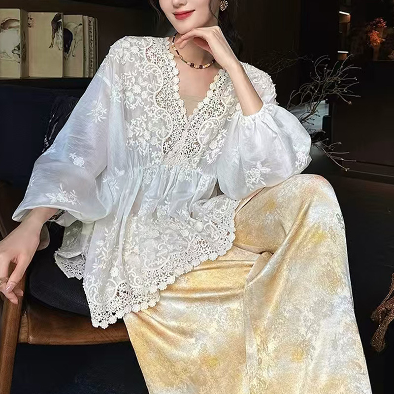 【Water-Sweeping Sleeves】Positioned three-dimensional water-soluble lace laser-embroidered Tencel shirt 2026 top autumn long-sleeve shirt 【Water-Sweeping Sleeves】Positioned three-dimensional water-soluble lace laser-embroidered Tencel shirt 2026 top autumn long-sleeve shirt