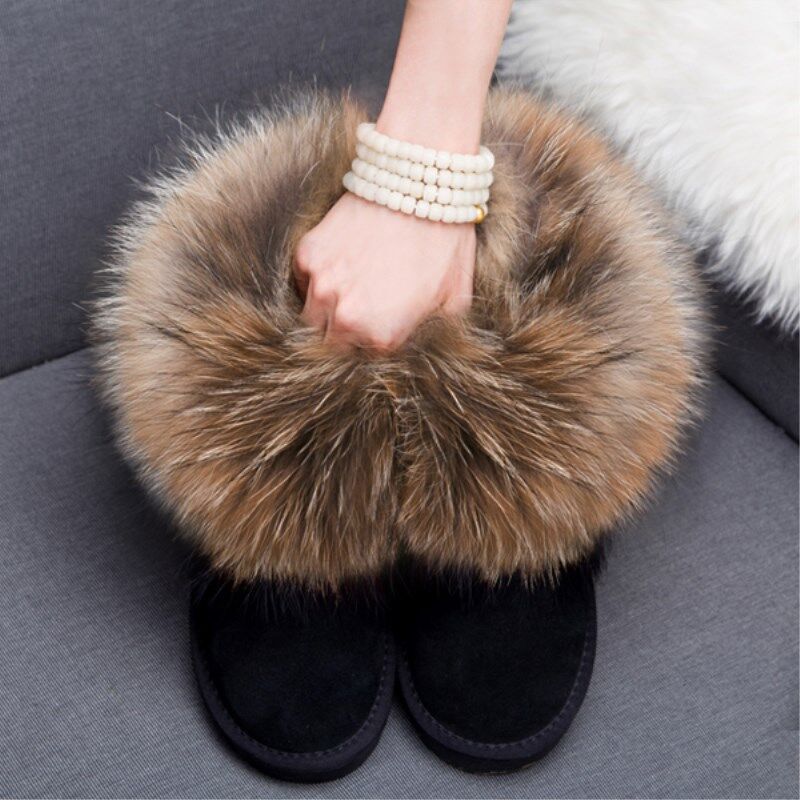 Winter Fox Fur Snow Boots Women's Fur One-piece Short Barrel Raccoon Fur Non-slip Inner Height Increasing Snow Cotton Boots
