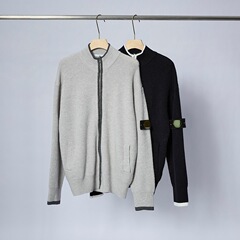 跨境欧美STONE石头高质品拉链拼色落肩针织毛衣开衫潮男女款代发