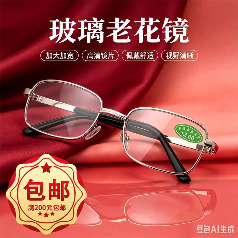 Glass reading glasses for men and women, full-frame metal, high-definition, wear-resistant, scratch-proof, optical crystal