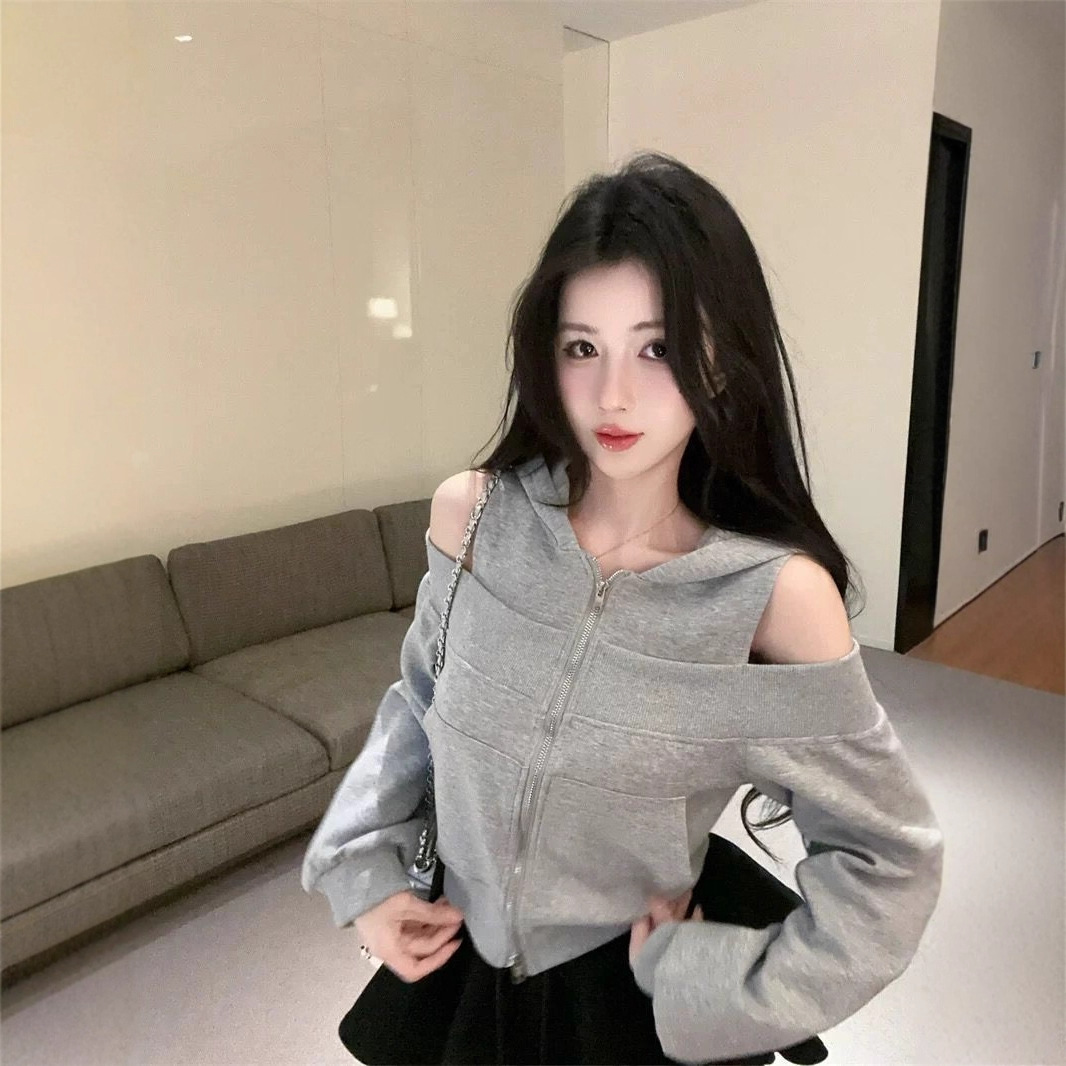 Gray Hooded Zipper Sweatshirt Jacket for Women 2025 Autum New American Sexy Off-Shoulder Top Super Nice Chic