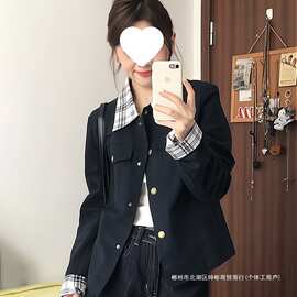跨境漂亮的初秋外套女2025新款春秋小个子休闲翻领格纹拼接夹