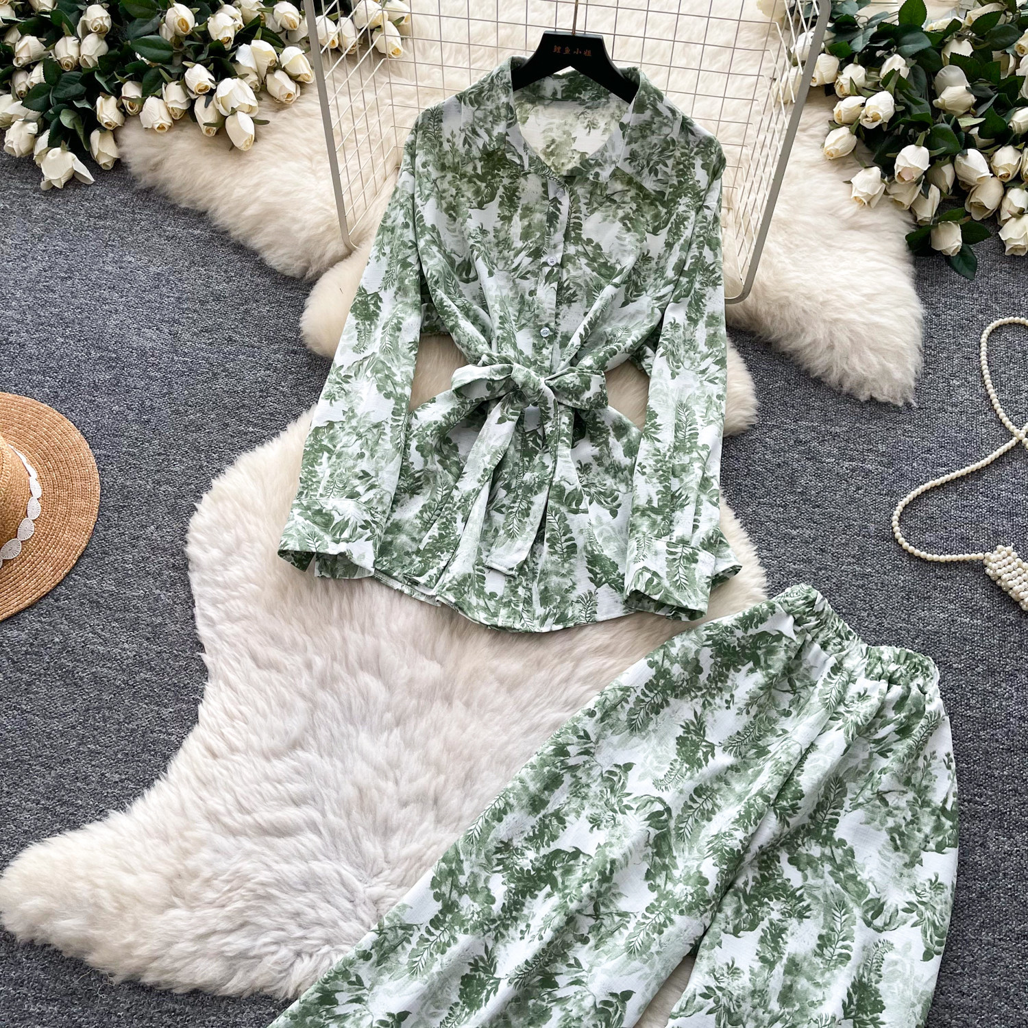 Women's Sophisticated Elegant Two Piece Set Autumn Tie up V Neck Top High Waisted Wide Leg Pants Slimming Stylish Look_ecoleips.com