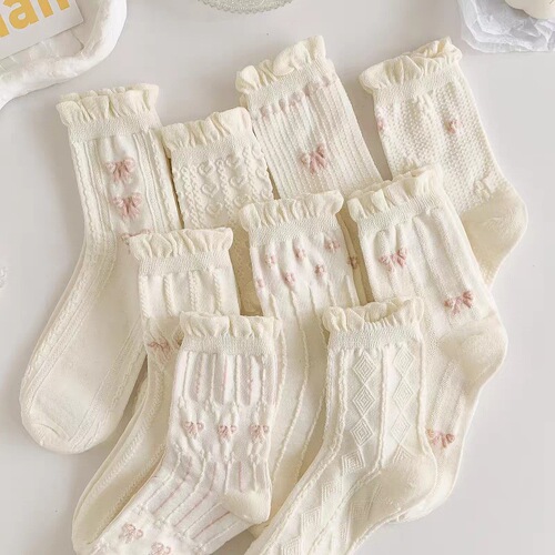 White lace edge knee-high socks, summer thin item, INS style JK cute sweet Japanese style 100% cotton bow tie wholesale