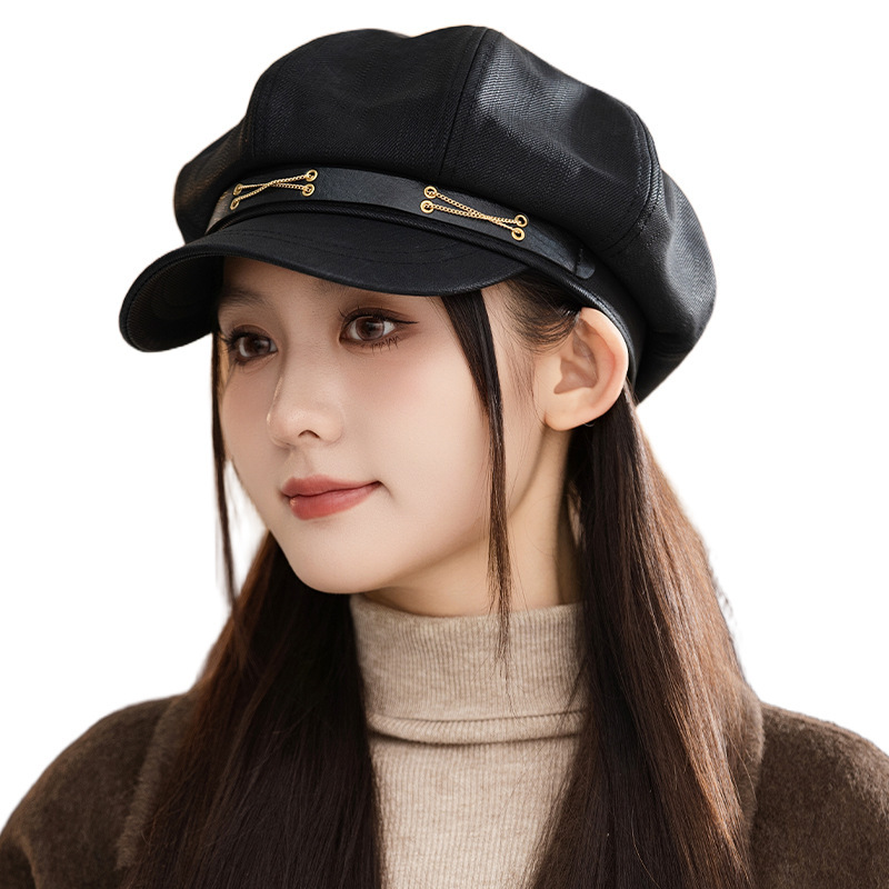 秋冬韩系棕色PU皮八角帽女士英伦显脸小复古潮流贝雷帽画家帽批发|undefined