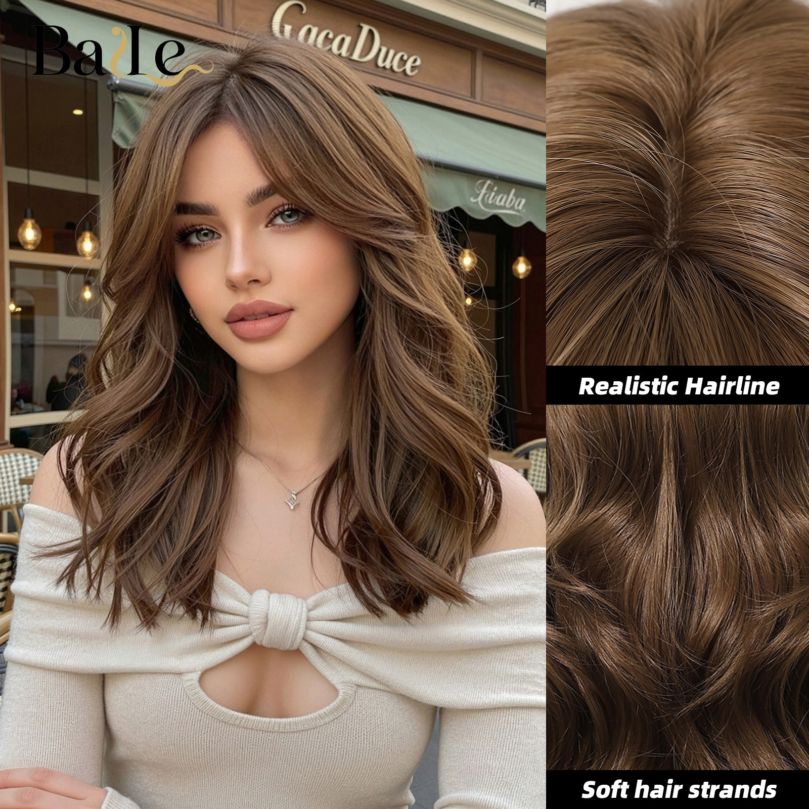 Peruca de cabello para mujer, cabello marrón medio largo rizado de 16 pulgadas, modelo de franja de seda de alta temperatura, exclusivo transfronterizo