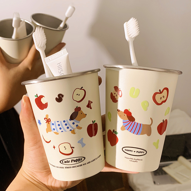 苹果小狗漱口杯浴室不锈钢刷牙杯牙缸可爱抗菌防霉牙杯情侣一对杯|undefined