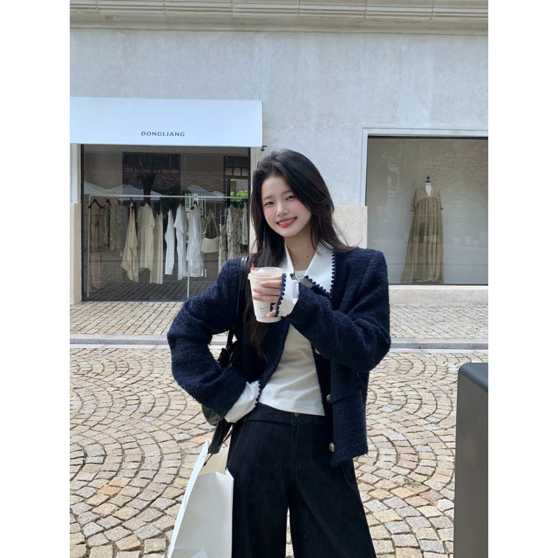 小仙倪子小香风外套女秋季超好看假两件撞色毛呢高级爆款毛呢上衣|undefined