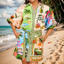 欧美休闲2026新新时尚欧美风休闲时尚印花衬衣开衫气质百搭连衣裙