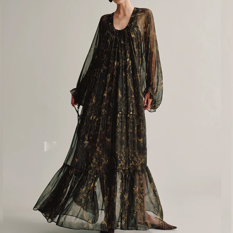 French-Style Lazy Chic Pleated Waist-Cinching Long Dress with Puff Sleeves, Flowing Hem, Slimming Effect, and Elegant Look for Outings French-Style Lazy Chic Pleated Waist-Cinching Long Dress with Puff Sleeves, Flowing Hem, Slimming Effect, and Elegant Look for Outings