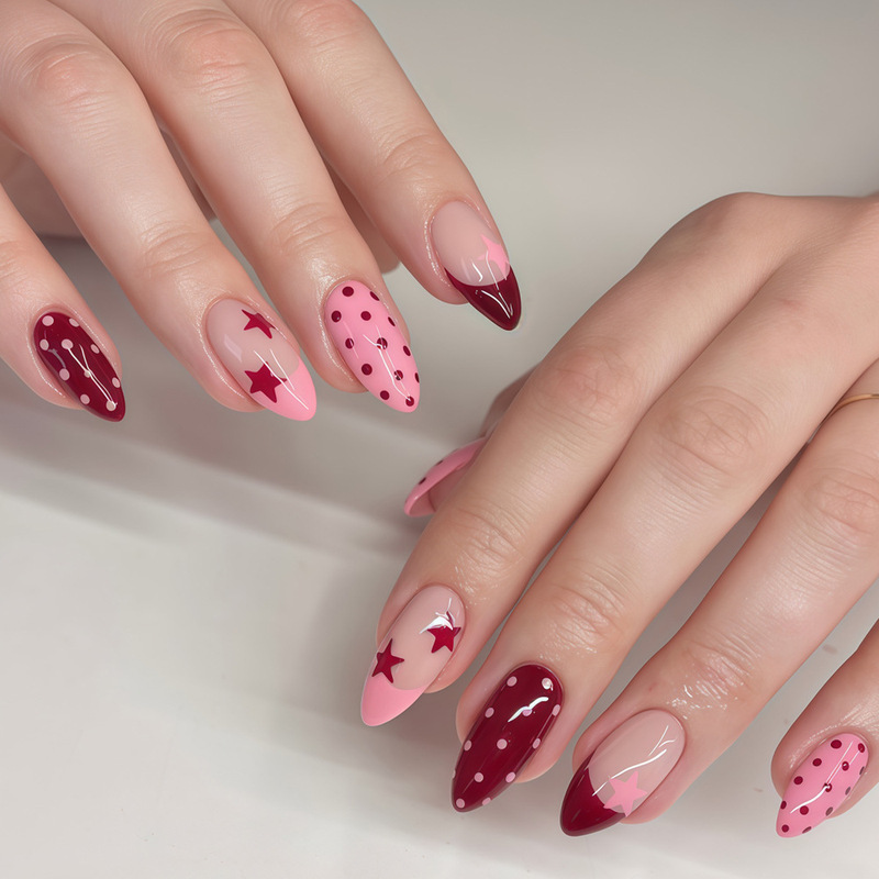 Glossy Almond Nails European and American Style Hot Girl Wine Red Pink French Tip Pink Red Polka Dot Red Star Press-On Nails 24 Pieces Glossy Almond Nails European and American Style Hot Girl Wine Red Pink French Tip Pink Red Polka Dot Red Star Press-On Nails 24 Pieces