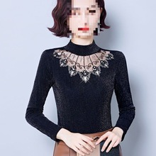 时尚网纱打底衫秋冬新款气质长袖恤洋气百搭遮肚显瘦蕾丝衫