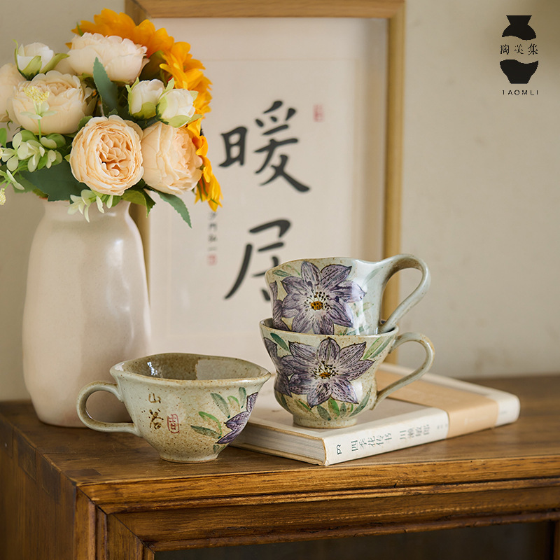 Taomeiji 新中国風手作りセラミックコーヒーカップ手描きひまわりウォーターカップマグカップカップルペアカップ小容量|undefined